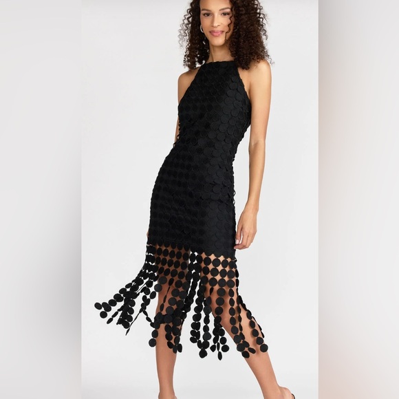 Make a gorgeous statement! 🔥Just Me Black Halter Neck Circle Fringe Dress - Picture 1 of 6